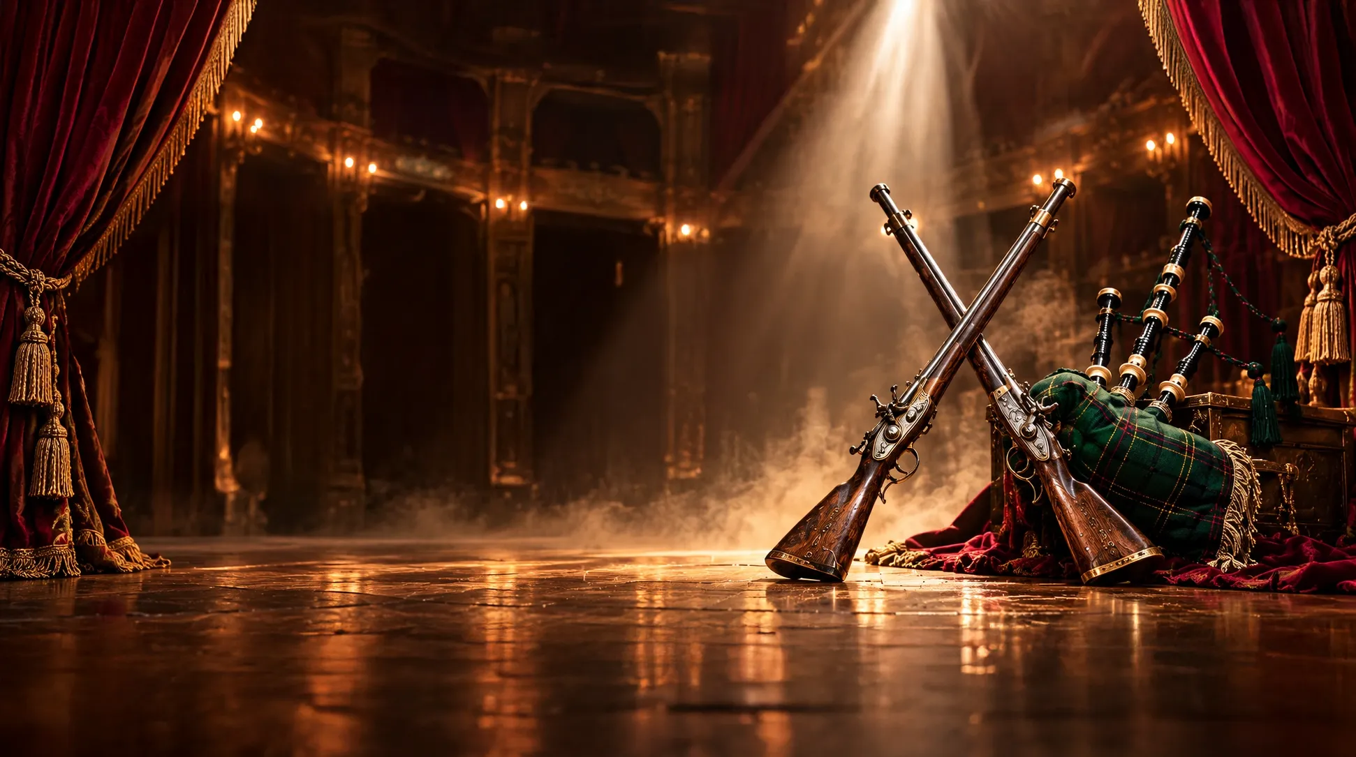Un théâtre à l’italienne aux rideaux bordeaux, éclairé par un faisceau de lumière ; des fusils croisés et une cornemuse sur la scène